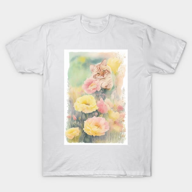 Soft color Striped Yellow cat in the Flower Garden T-Shirt by Stades